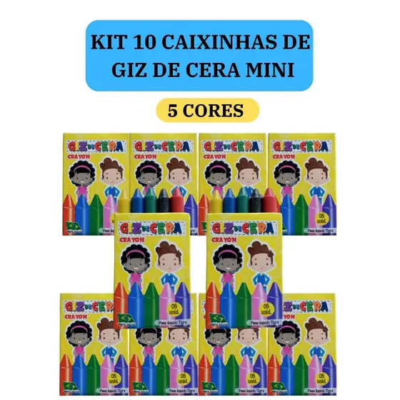 10 cx Mini Giz de Cera 5 Cores P/ Kit Festa Lembrancinha Artesanato Infantil