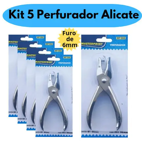 Kit 5 Perfurador Furador de Papel Alicate 1 Furo em Metal Aço 5 Unidades Resistente MasterPrint