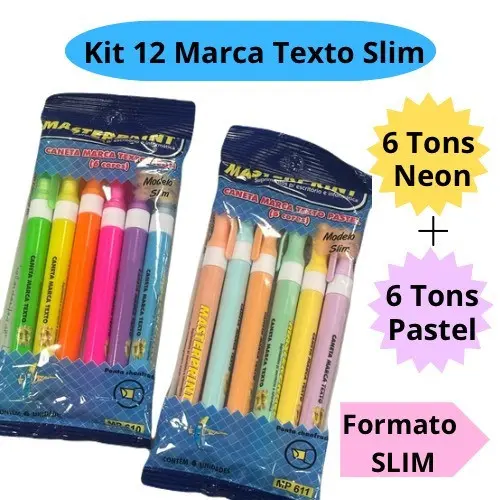Kit 12 Caneta Marca Texto Slim (6 Neon + 6 pastel) Escolar Infantil Diversas Cores Masterprint