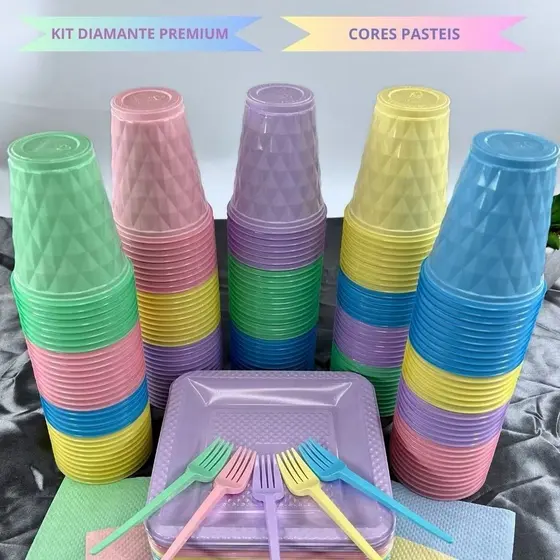 Kit 180 Itens Festa Aniversário Completo Premium Candy Descartável Prato Copo Garfo Guardanapo Cor Pastel P/40 Pessoas