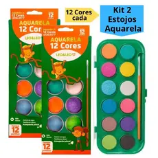 Kit 2 Estojo Aquarela 12 Cores Tinta e Pincel Para Personalizar Uso Infantil Escolar Artístico Leo&Leo