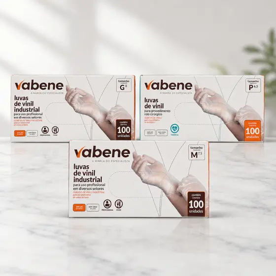 Luva de Vinil Vabene Descartável 100 Unidades Sem Pó Sem Látex Profissional Tamanhos P M G