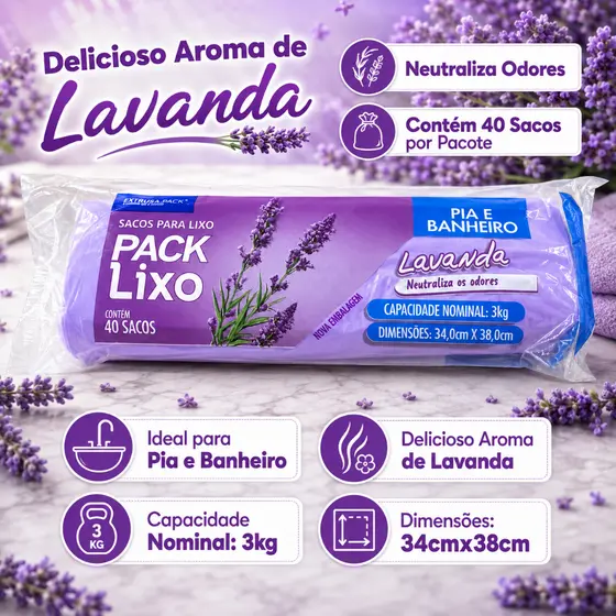 Pack Saco de Lixo Lavanda Pia e Banheiro 34x38cm Neutraliza Odores Material Resistente
