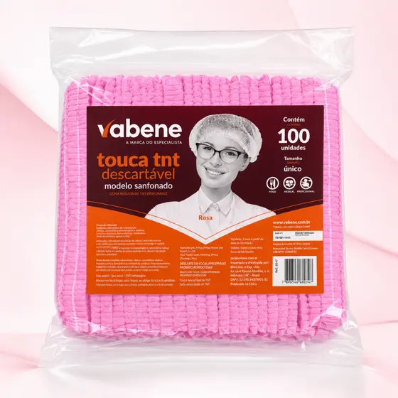 Touca TNT Descartável Rosa Vabene 100 Unidades Sanfonada Profissional Tamanho Único Cozinha Clínica Estética