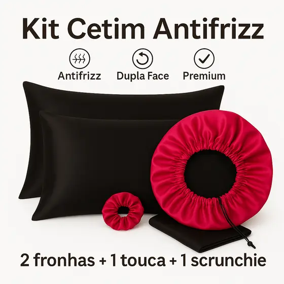 Kit Cetim Antifrizz – 2 Fronhas + Touca Regulável Dupla Face + Scrunchie Premium