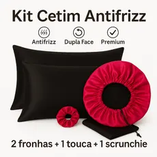Kit Cetim Antifrizz – 2 Fronhas + Touca Regulável Dupla Face + Scrunchie Premium