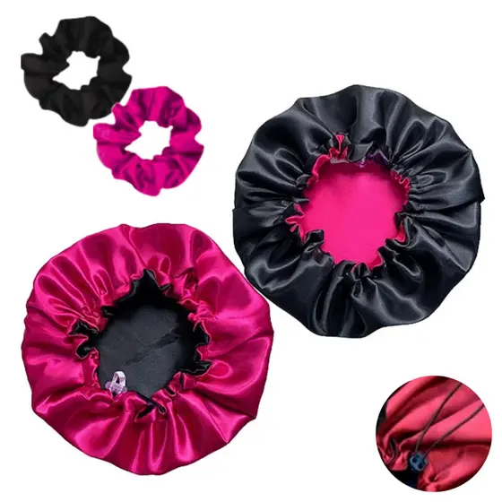 Touca de Cetim Dupla Face + Scrunchie Regulável, Antifrizz e Confortável para Dormir