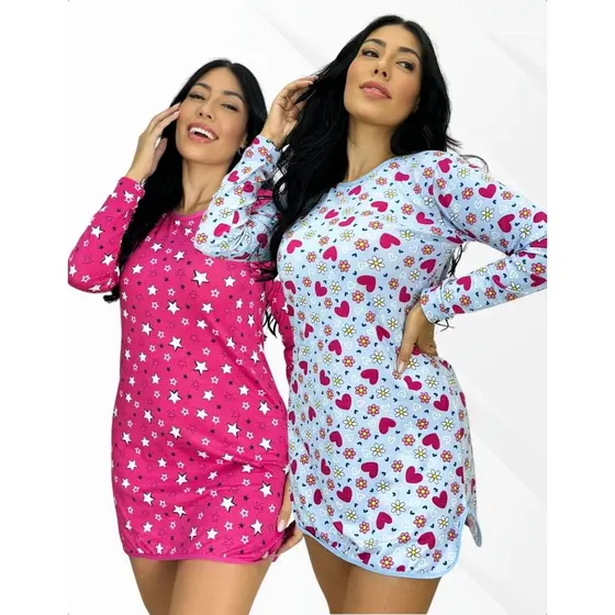 Kit 2 Camisola Confortável Microfibra Manga Longa Comprida Quentinha Cava Lateral Estampada Noite