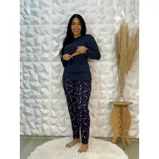 Kit 4 Pijama Abertura Frente Pratico Amamentação Estampado Manga Comprida Moda Noite Inverno Colorido