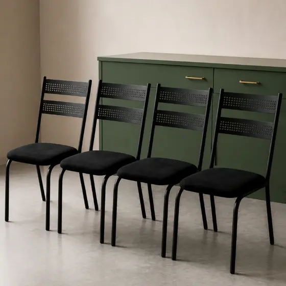 Kit 4 Cadeiras de Cozinha Estilo Industrial Reforçada Estrutura no Preto Estofado Estampado