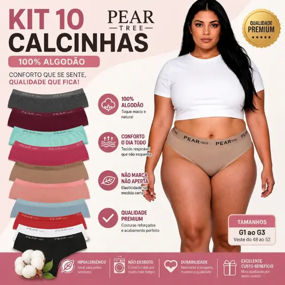 Kit Calcinhas Plus Size Algodão Cintura Alta