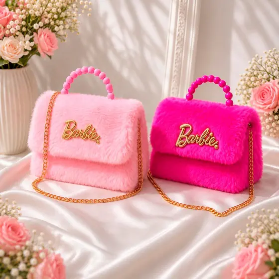 Bolsinha Infantil Pelúcia Barbie Menina Blogueira Alça Pérolas Estilosa Criança