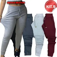 KIT 5 Calça Jogger Ribana Feminina Cintura Alta Tipo Calca Moletom Academia Feminino