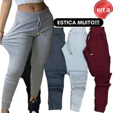 KIT 3 Calça Jogger Ribana Feminina Cintura Alta Tipo Calca Moletom Academia Feminino
