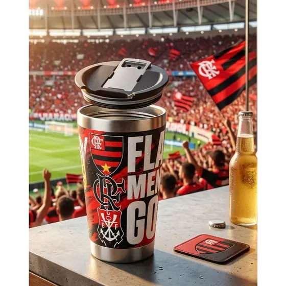 Copo Térmico com Tampa 473ml Gravação a Laser Personalizado Flamengo - HM1