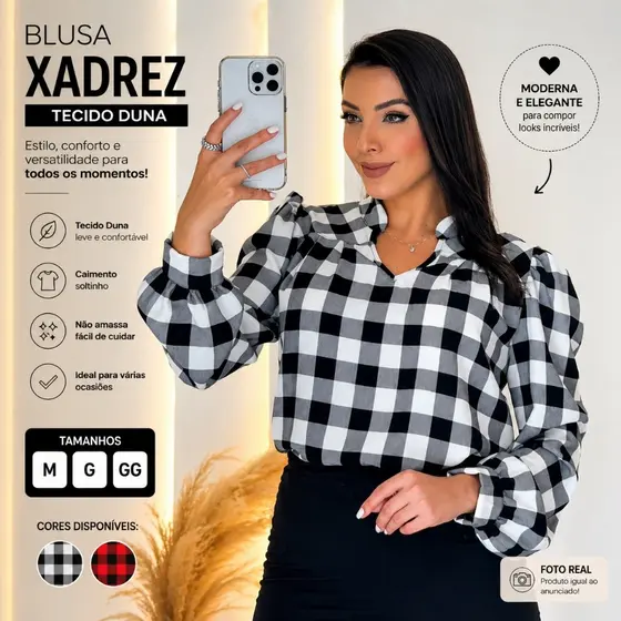 Blusa Feminina Xadrez Tecido Duna Manga Longa Vermelha Preta Gola Camisa M G GG Envio Imediato