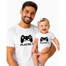 Kit Tal Pai Tal Filho Body e Camiseta Player 1 Player 2 Branco/Cinza Mescla