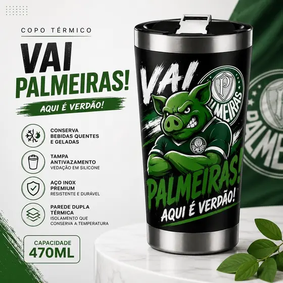 Copo Térmico Torcidas  470ml Inox Parede Dupla Tampa Antivazamento Bebidas Quentes e Frias