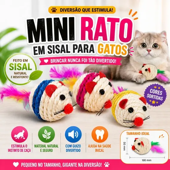 Brinquedo Mini Rato Sisal Para Gatos Interativo com Pena Resistente Estimula Instinto Pet