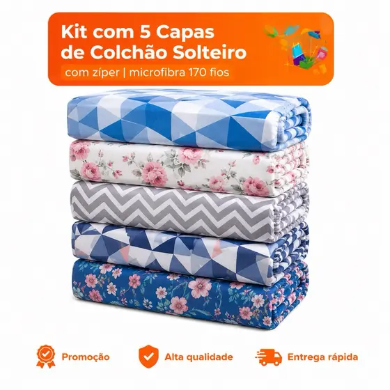 Kit com 5 capas de colchão tamanho solteiro  com zíper microfibra 170 fios