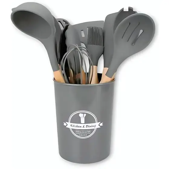 Kit Utensílios de Cozinha Com 5/12 Peças em Silicone com Cabo de Madeira Completo