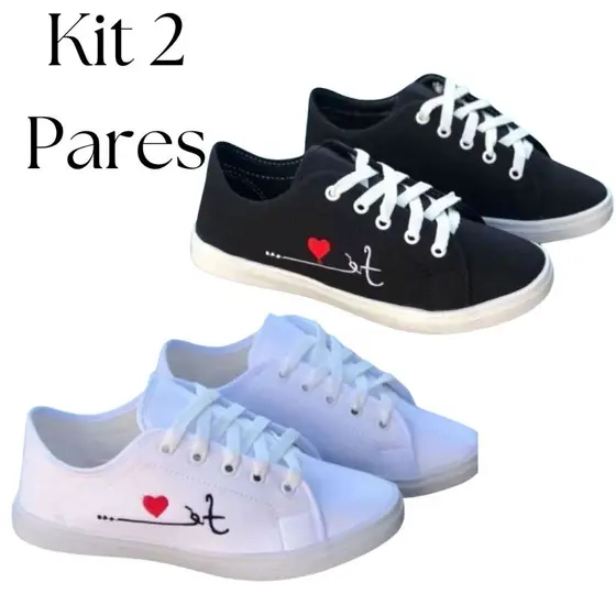 Kit 2 Pares de Tênis Femininos Preto Branco Fé Tradicional Confortável