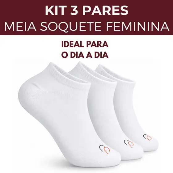 Kit 3 Pares Meia Soquete Feminina Branca Confortável 33-38 Rafa Parize