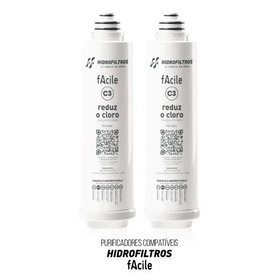 1 ou 2 Refis C3 Original Purificador de Água Hidrofiltros Facile Reduz Cloro e Impurezas da Agua