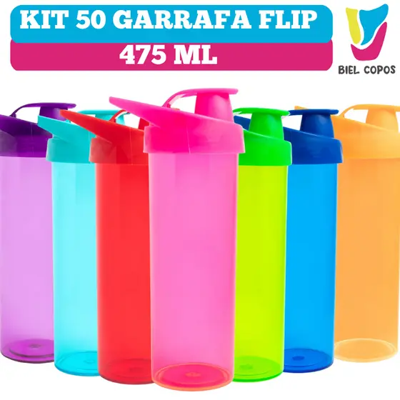 Kit 50 Garrafa Flip Flop 475 mL várias cores - Garrafa de água- Garrafa pra Academia