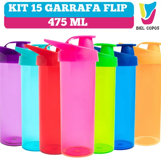 Kit 15 Garrafa Flip Flop 475 mL- Garrafa de água - Garrafa Academia
