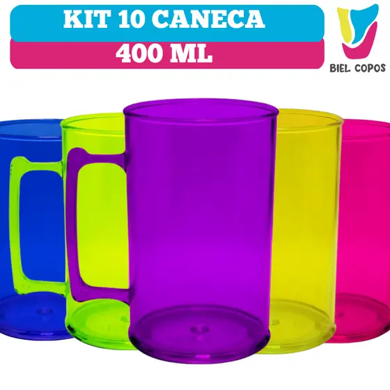 Kit 10 Caneca de acrílico 400 ML- Cores diversas