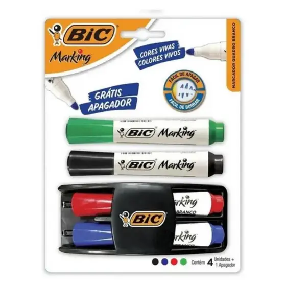 Kit Pincel Caneta P/ Quadro Branco 4 Cores + Apagador - Bic