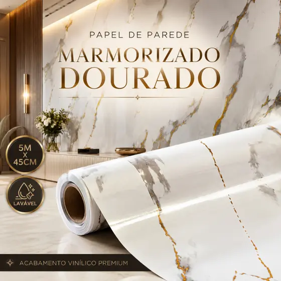 Papel de Parede Adesivo Marmorizado Dourado Lavável Autocolante 5 Metros Mármore Branco Decoração Banheiro Cozinha