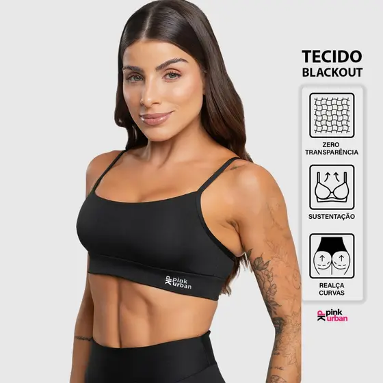 Top Fitness Feminino Alça Sustentação Entrada Bojo Balance Blackout Zero Transparência