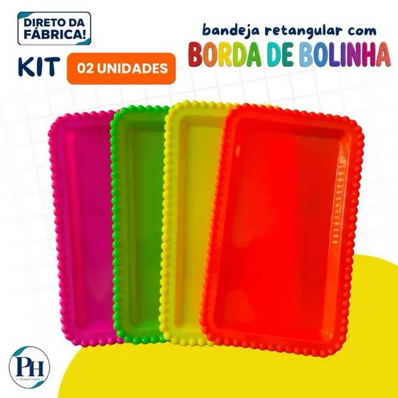 KIT 2 BANDEJAS RETANGULAR PLÁSTICA COM BORDA DE BOLINHAS 25x15CM | IDEAL PARA FESTAS E DECORAÇÃO