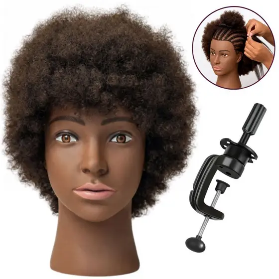 Cabeça De Treino 100% Humano Crespo Manequim Feminina Afro + Suporte Para Trancista E Cabelereiro