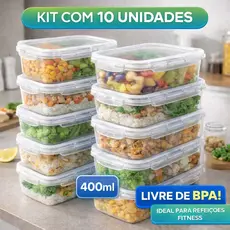 Kit 10 Potes Marmita Fit 400ML Retangular Com Tampa 4 Travas Jogo de Potes Livres de BPA