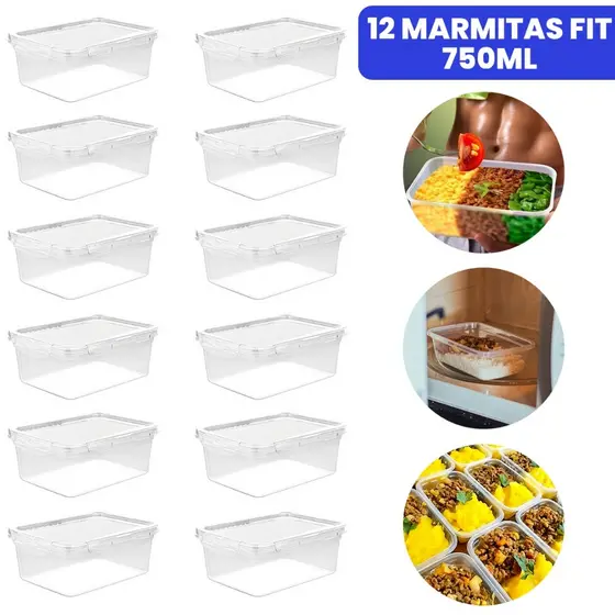 Kit 12 Potes Marmita Fit 750ML Retangular Com Tampa 4 Travas Jogo de Potes Livres de BPA