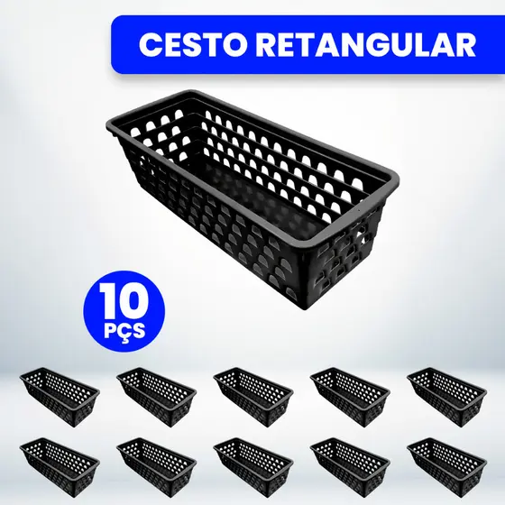 Kit 10 Cestos Organizador Multiuso 28x11x8cm Preto