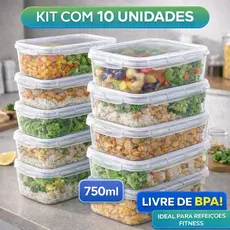 Kit 10 Potes Marmita Fit 750ML Retangular Com Tampa 4 Travas Jogo de Potes Livres de BPA