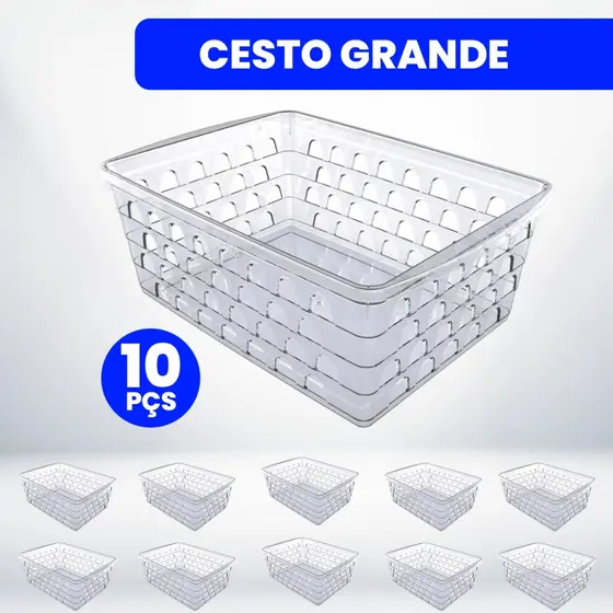 Kit com 10 Cestos Organizadores Multiuso 24x17x7,5cm Grande Transparente