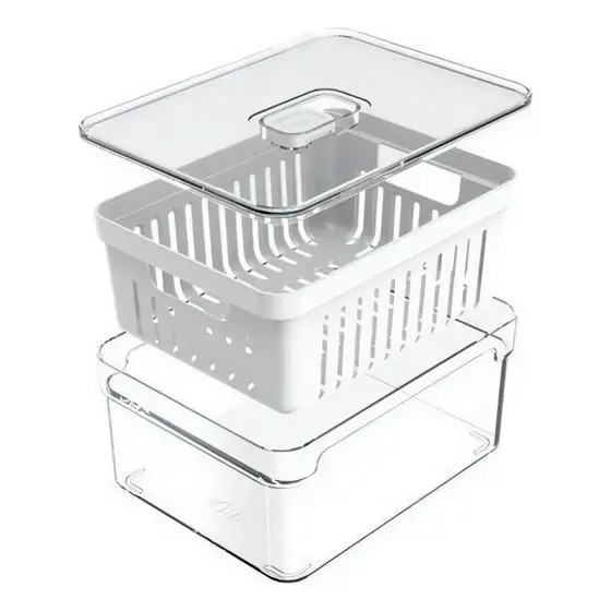 Kit 1, 2 ou 4 Unidades Pote para Organizar Geladeira 2,2L Acrílico Transparente Cesto Sem BPA Para Drenagem Trava Fresh