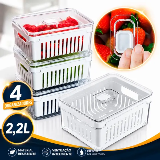 Kit 4 Organizadores Geladeira Com Cesto de Drenagem 2,2 Litros Tampa Acrílico