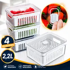Kit 4 Organizadores Geladeira Com Cesto de Drenagem 2,2 Litros Tampa Acrílico