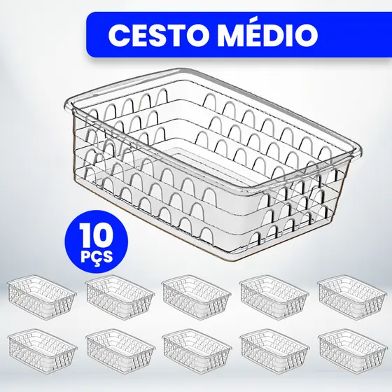 Kit com 10 Cestos Organizadores Multiuso 20x15,5x6,5 Médio Transparente