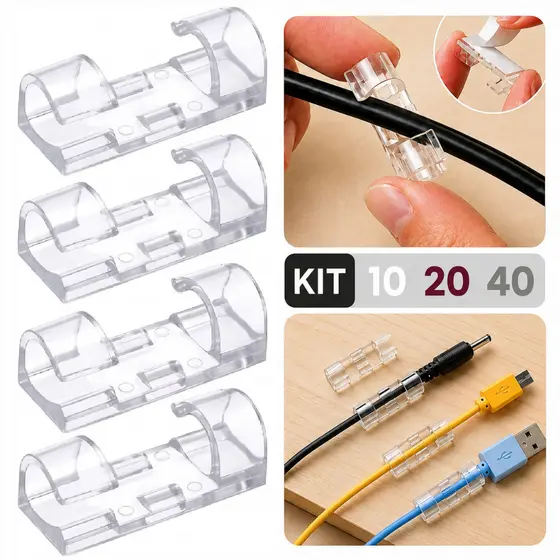 KIT Organizador de Fios e Cabos Autoadesivo Transparente Clips Fixador 100 60 20 10