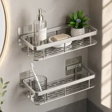 KIT 2 Suporte de Shampoo Organizador Adesivo Prata Alumínio Prateleira Sem Furo Banheiro Premium