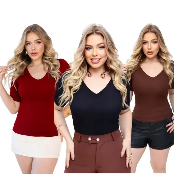 Blusa Malha  Ribana Gola V Manga Curta