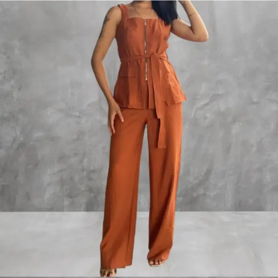 Conjunto Feminino Marrant Colete com Ziper cinto  e Calça