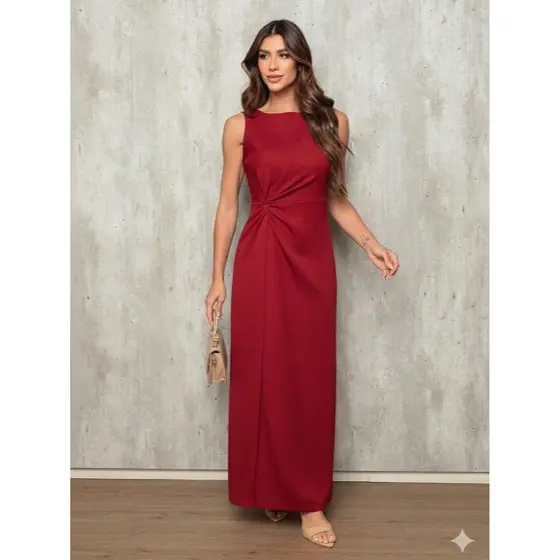 Vestido longo elegante transpassado com nó fenda atras